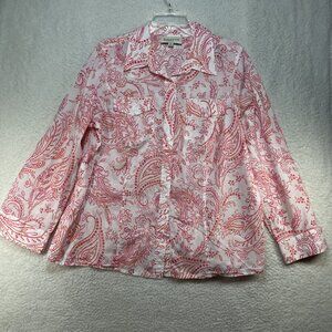 Jones New York Shirt Womens Size 1X Red White Paisley Roll Tab Long Sleeve